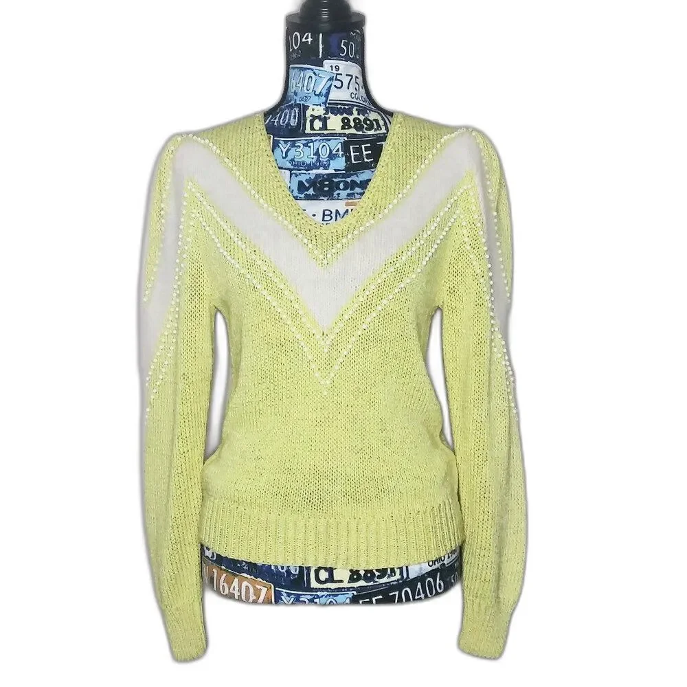 Vtg NANNELL Angora V-Neck Sweater Bead Embellished Puff Sleeve Butter Yellow M